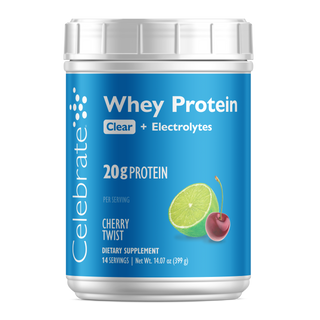 Celebrate Siero Proteine Cherry contenitore con etichetta blu su sfondo bianco