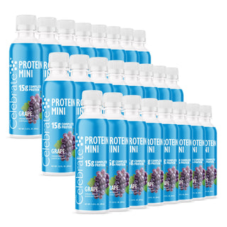 Più bottiglie di Celebrate Proteine Mini gusto Grape su sfondo bianco