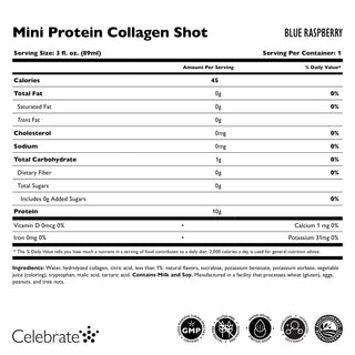 Etichetta nutrizionale per un Mini Proteine Collagen Shot al gusto lampone blu, incluse porzione, calorie e ingredienti.