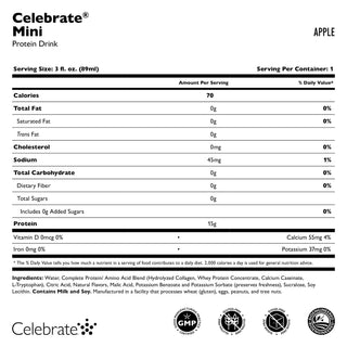 Etichetta nutrizionale per Celebrate Mini Proteine Bere al gusto mela su sfondo bianco