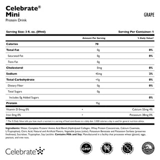 Etichetta nutrizionale per Celebrate Mini Proteine Bere gusto Grape su sfondo bianco